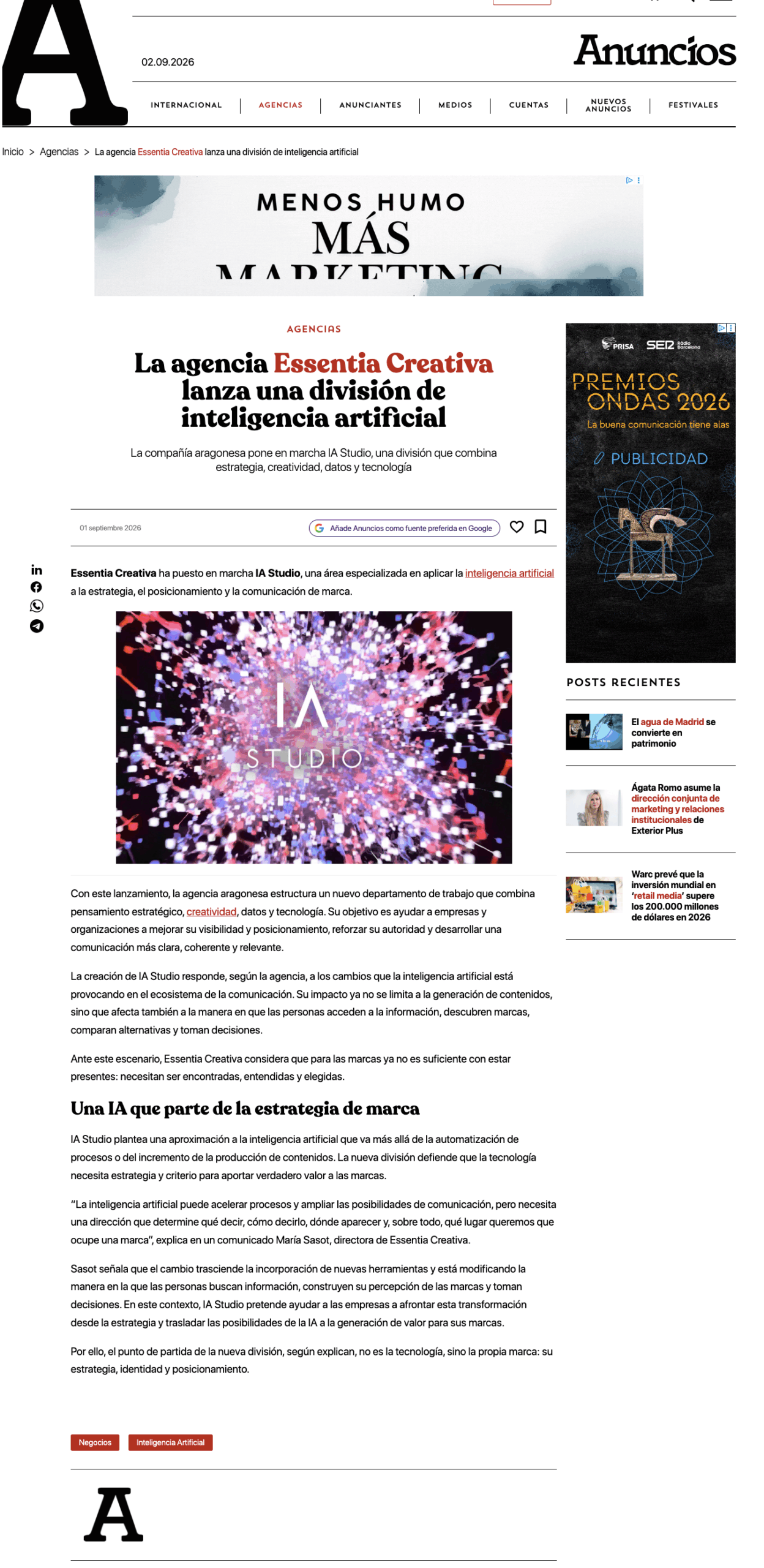 Captura de pantalla de la noticia sobre IA Studio en Anuncios.com