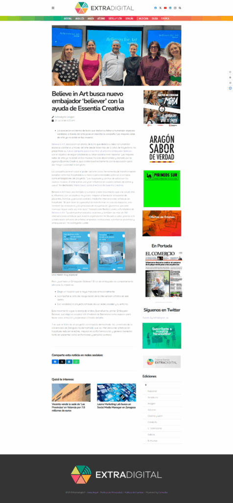 Captura de pantalla sobre la noticia de Extra Digital donde se habla de la iniciativa de Belive in Art en la búsqueda de un nuevo embajador Believer de la mano de la agencia Essentia Creativa