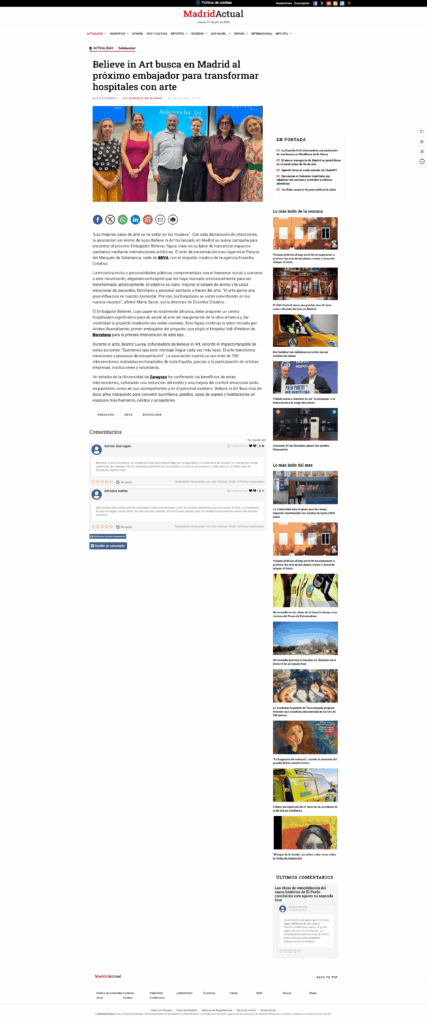 Captura de pantalla del medio Madrid Actual hablando de que Believe in Art activa su campaña para la búsqueda de su nuevo embajador 