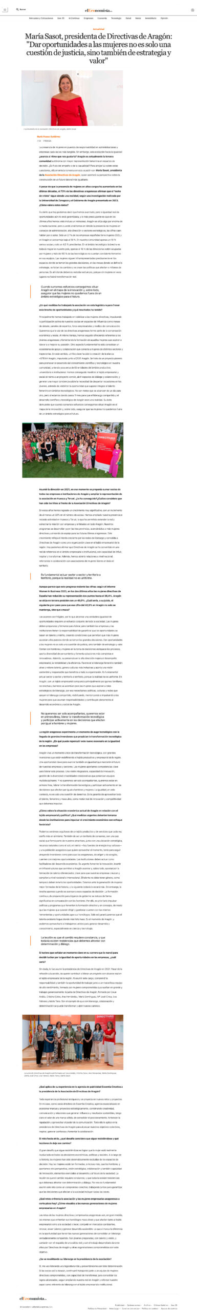Noticia El Economista, María Sasot presidenta de Directivas de Aragón